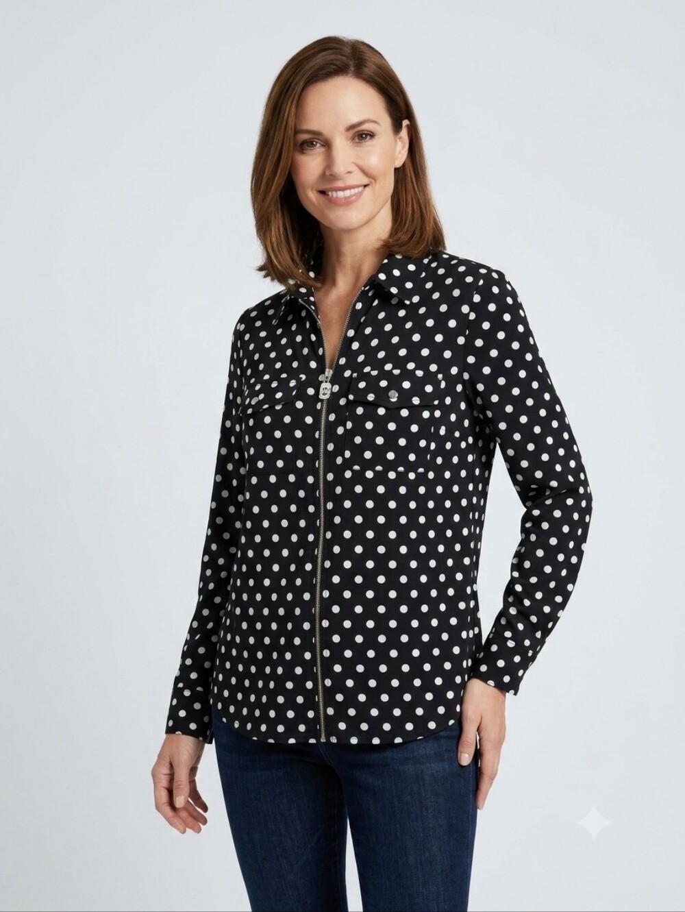 Michael Kors Polka Dot Zip-Front Top - Black/White, Size Large